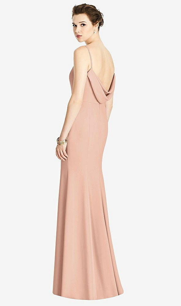 Front View - Pale Peach Bateau-Neck Open Cowl-Back Trumpet Gown