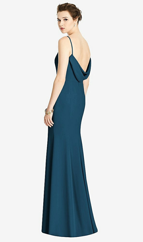 Front View - Atlantic Blue Bateau-Neck Open Cowl-Back Trumpet Gown