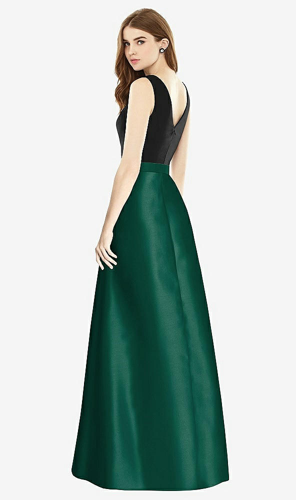 Back View - Hunter Green & Black Sleeveless A-Line Satin Dress with Pockets