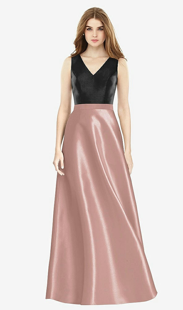 Front View - Neu Nude & Black Sleeveless A-Line Satin Dress with Pockets