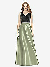 Front View Thumbnail - Sage & Black Sleeveless A-Line Satin Dress with Pockets