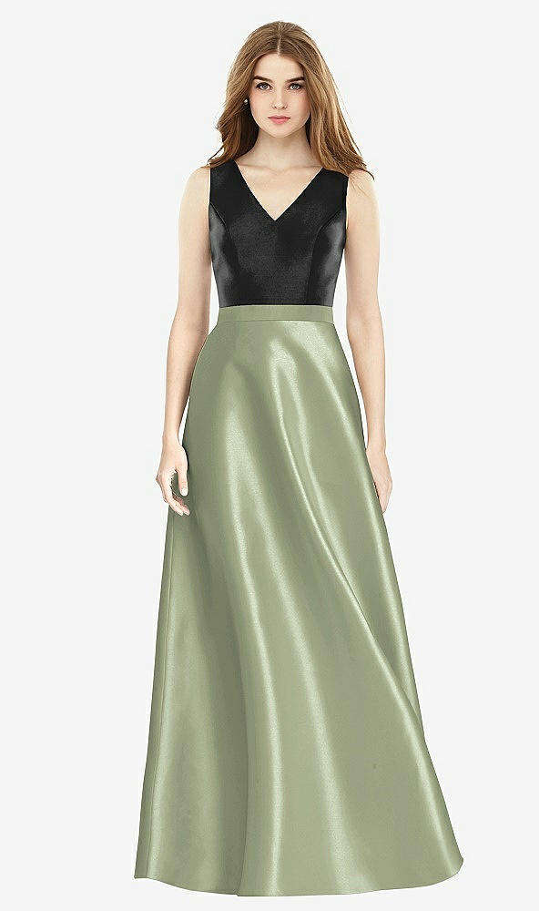 Front View - Sage & Black Sleeveless A-Line Satin Dress with Pockets