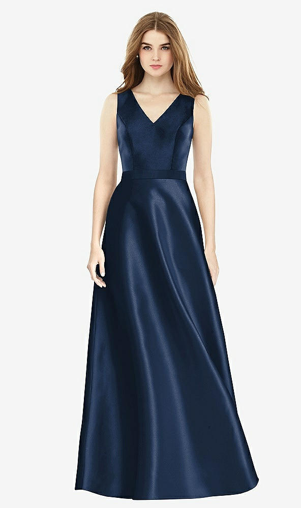 Front View - Midnight Navy & Midnight Navy Sleeveless A-Line Satin Dress with Pockets