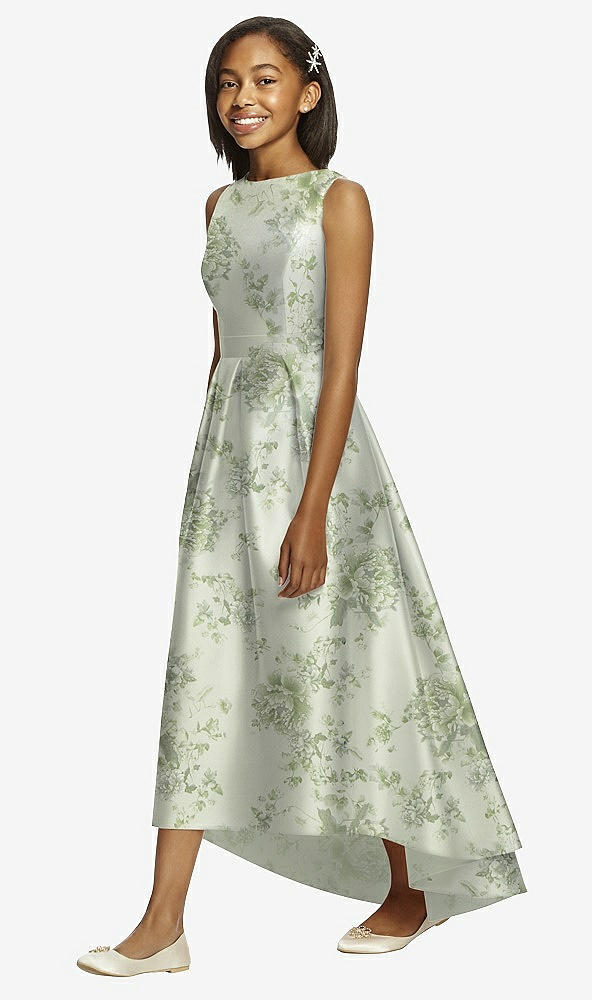 Front View - Sage Cottage Rose Floral Bateau Neck High-Low Junior Bridesmaid Dress with Pockets