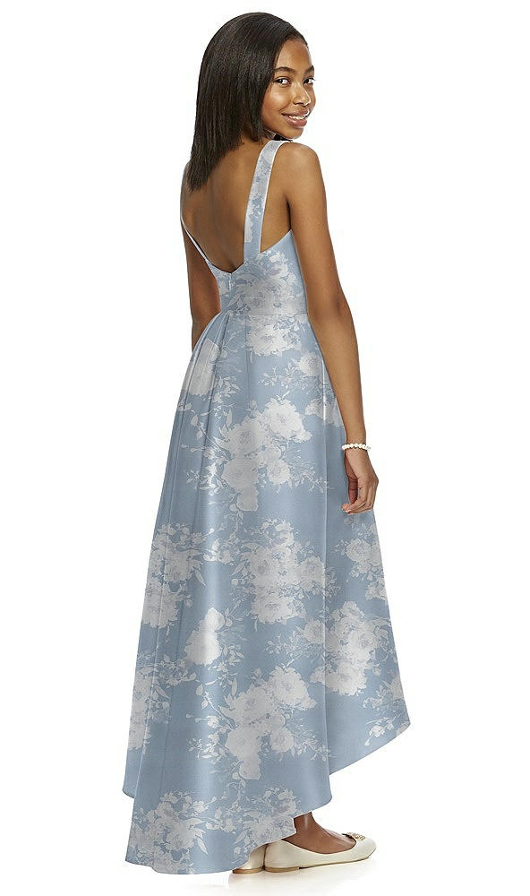 Back View - Porcelain Blue Seraphina Floral Floral Bateau Neck High-Low Junior Bridesmaid Dress with Pockets