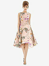 Alt View 1 Thumbnail - Butterfly Botanica Pink Sand Bateau Neck High Low Floral Satin Cocktail Dress