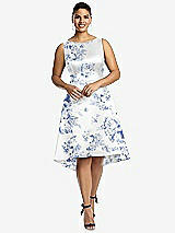 Front View Thumbnail - Cottage Rose Larkspur Bateau Neck High Low Floral Satin Cocktail Dress