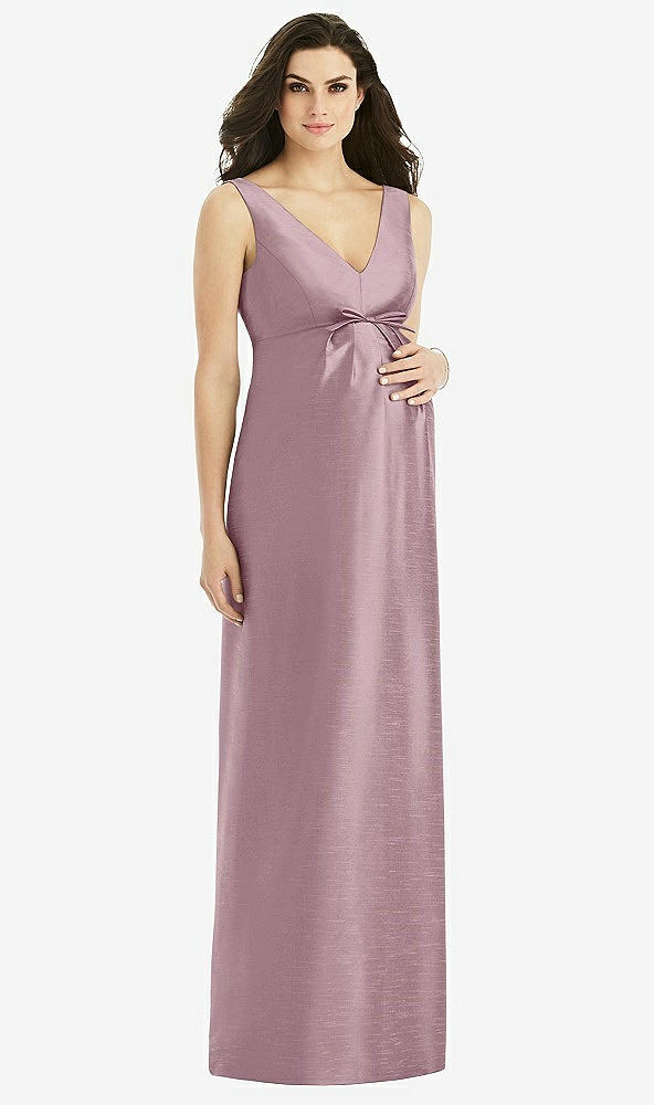 Front View - Dusty Rose Sleeveless Satin Twill Maternity Dress