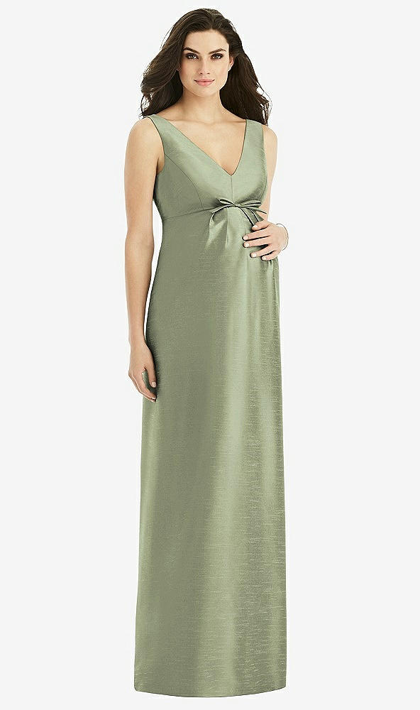 Front View - Sage Sleeveless Satin Twill Maternity Dress