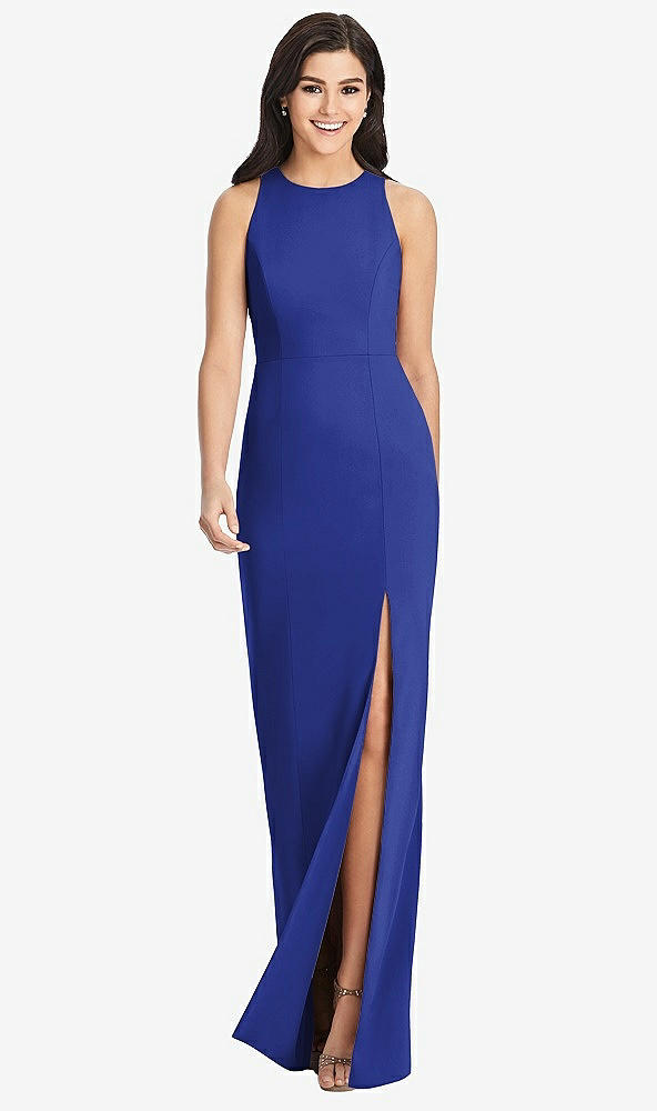 Front View - Cobalt Blue Diamond Cutout Back Trumpet Gown with Front Slit