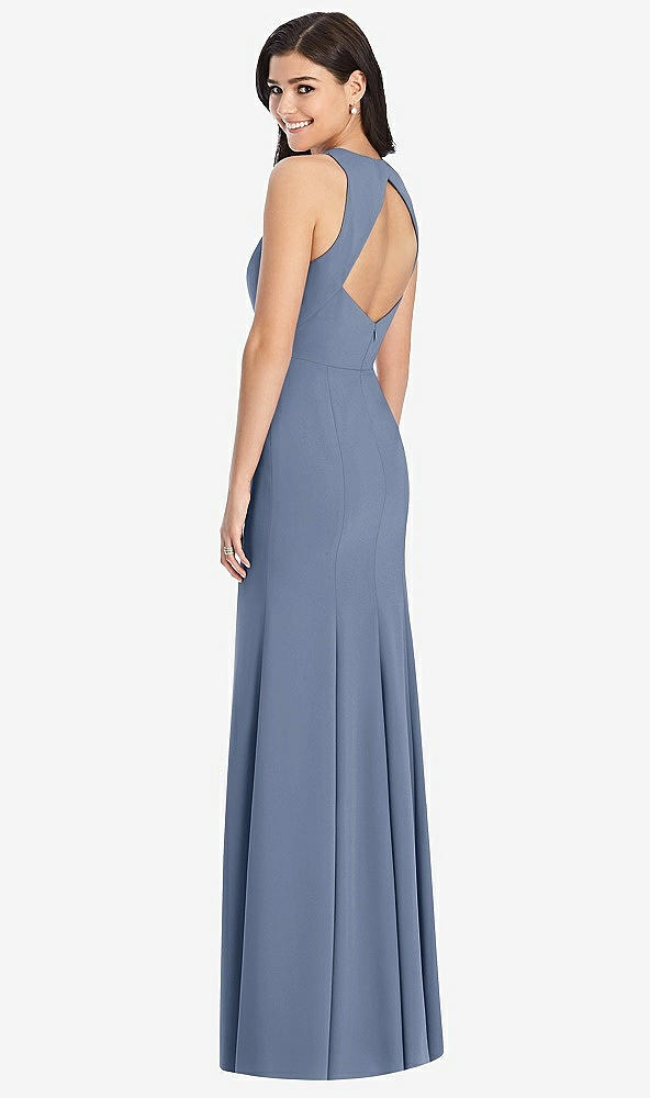 Back View - Larkspur Blue Diamond Cutout Back Trumpet Gown with Front Slit