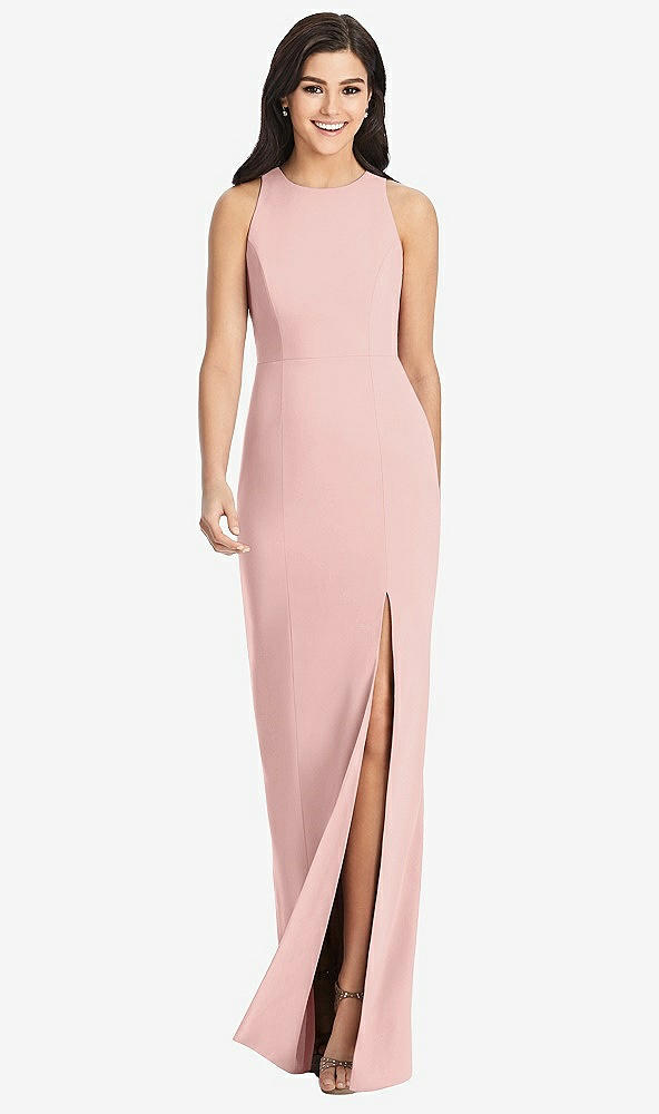 Front View - Rose - PANTONE Rose Quartz Diamond Cutout Back Trumpet Gown with Front Slit