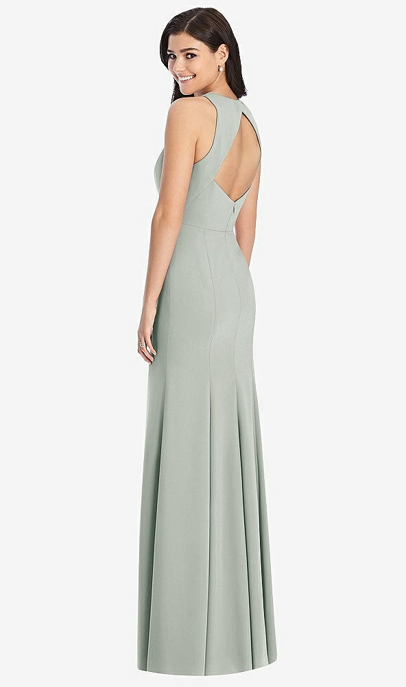 Back View - Willow Green Diamond Cutout Back Trumpet Gown with Front Slit