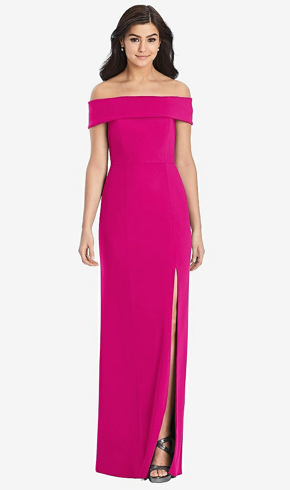 Front View - Think Pink Cuffed Off-the-Shoulder Trumpet Gown