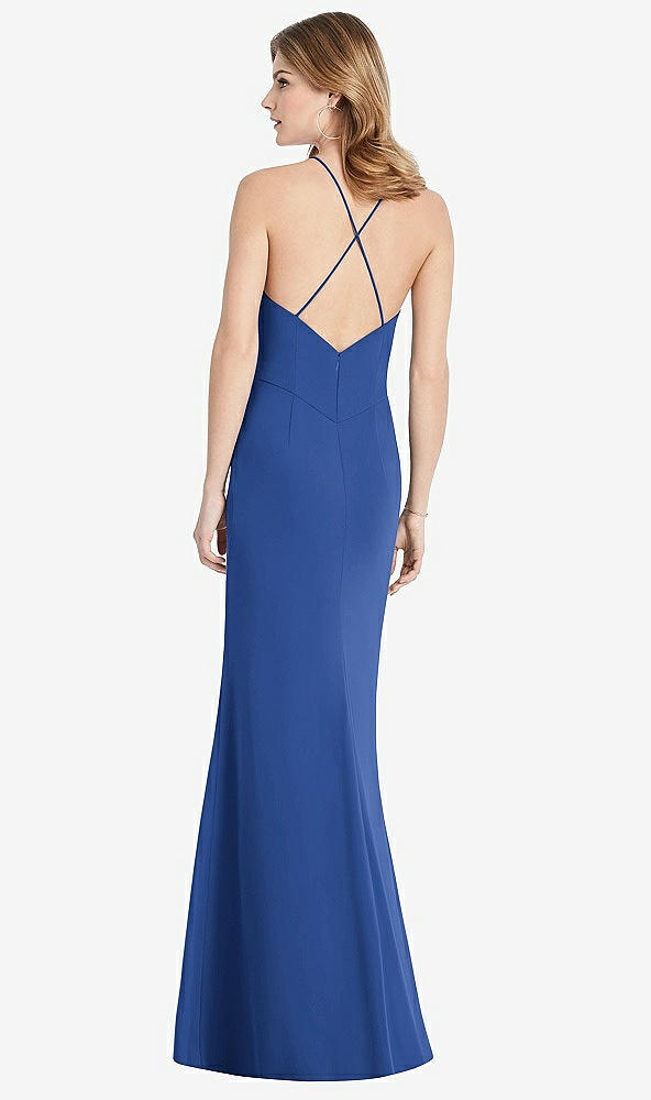 Back View - Classic Blue Criss Cross Open-Back Chiffon Trumpet Gown