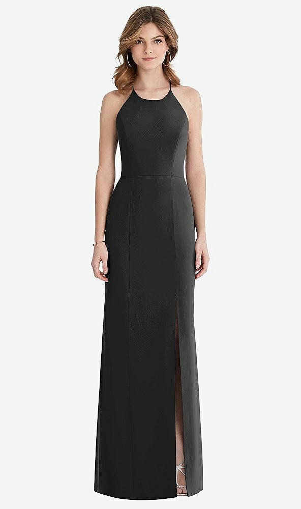 Front View - Black Criss Cross Open-Back Chiffon Trumpet Gown