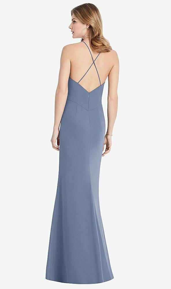 Back View - Larkspur Blue Criss Cross Open-Back Chiffon Trumpet Gown