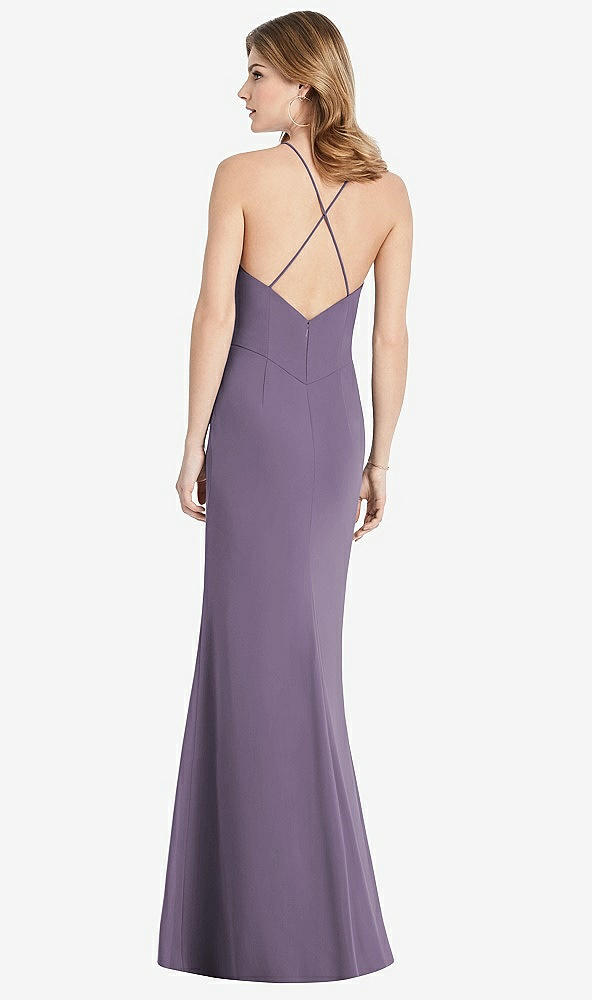 Back View - Lavender Criss Cross Open-Back Chiffon Trumpet Gown