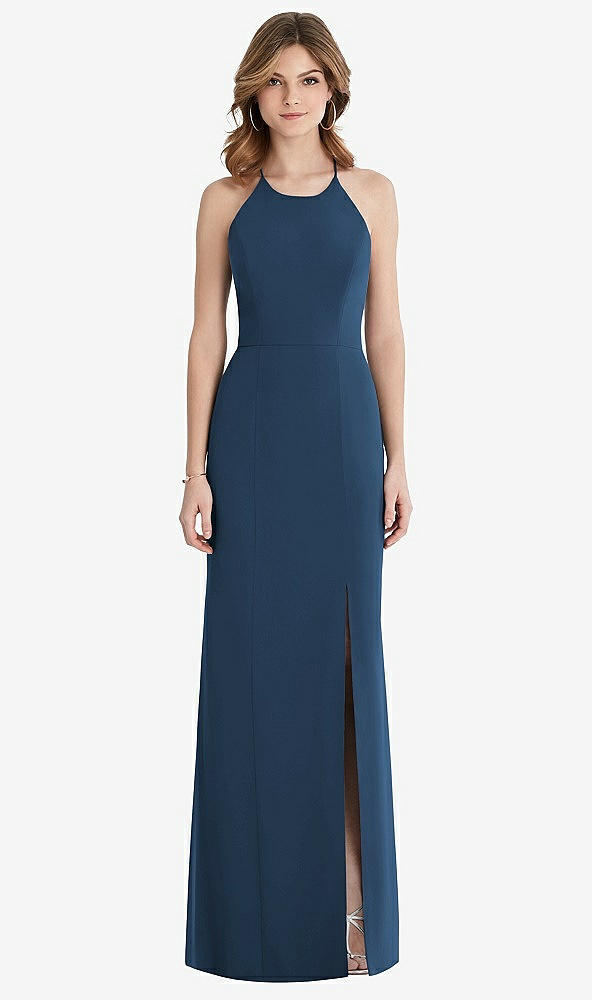 Front View - Sofia Blue Criss Cross Open-Back Chiffon Trumpet Gown