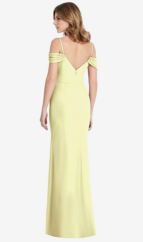 Back View - Butter Yellow Off-the-Shoulder Chiffon Trumpet Gown with Front Slit