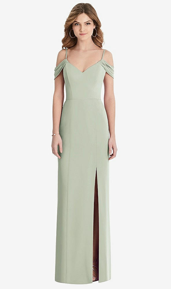 Front View - Celadon Off-the-Shoulder Chiffon Trumpet Gown with Front Slit