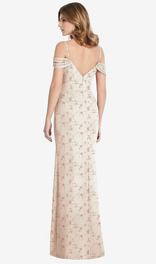 Back View - Coquette Floral Print Off-the-Shoulder Chiffon Trumpet Gown with Front Slit