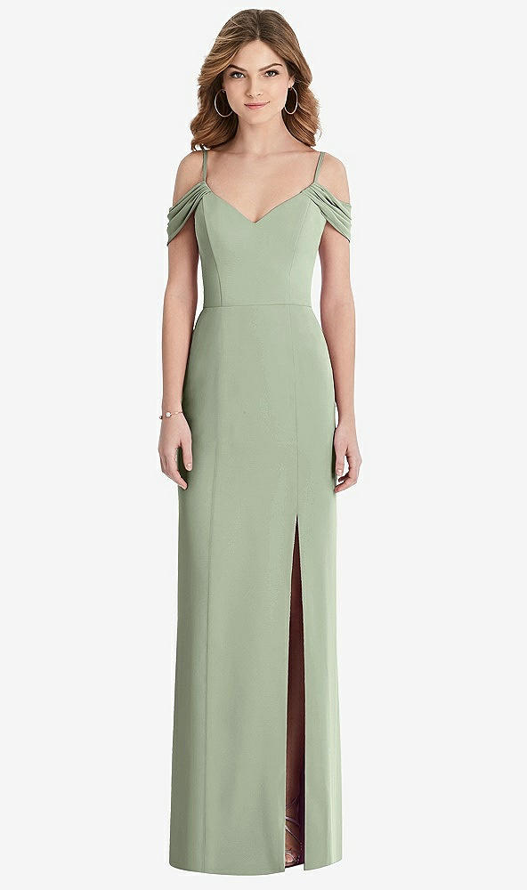 Front View - Sage Off-the-Shoulder Chiffon Trumpet Gown with Front Slit