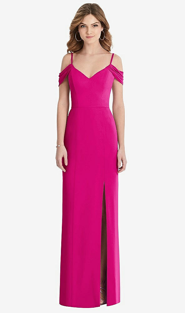 Front View - Think Pink Off-the-Shoulder Chiffon Trumpet Gown with Front Slit