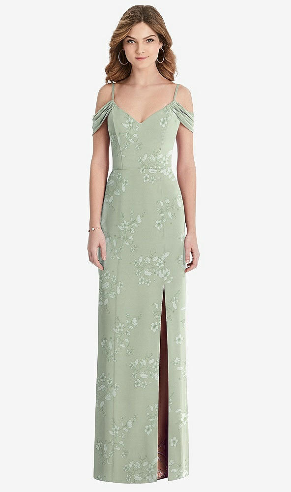 Front View - Vintage Primrose Sage Off-the-Shoulder Chiffon Trumpet Gown with Front Slit