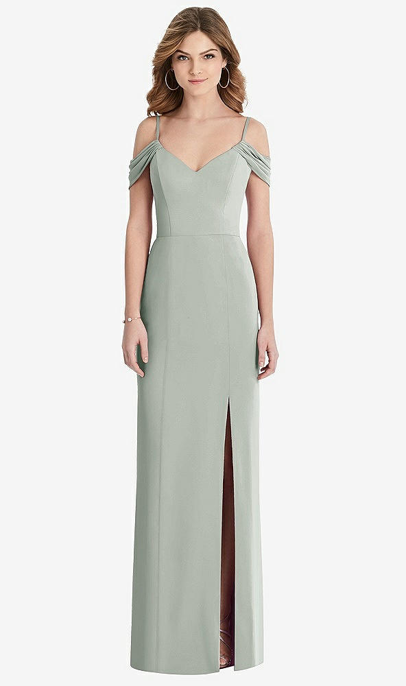 Front View - Willow Green Off-the-Shoulder Chiffon Trumpet Gown with Front Slit