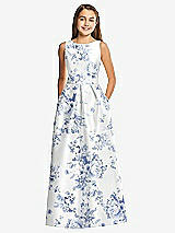 Front View Thumbnail - Cottage Rose Larkspur Floral Bateau Neck Maxi Junior Bridesmaid Dress with Pockets