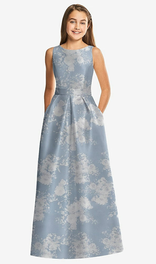 Front View - Porcelain Blue Seraphina Floral Floral Bateau Neck Maxi Junior Bridesmaid Dress with Pockets