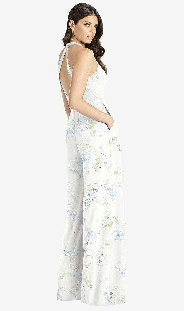 Back View - Bleu Garden V-Neck Backless Pleated Front Jumpsuit