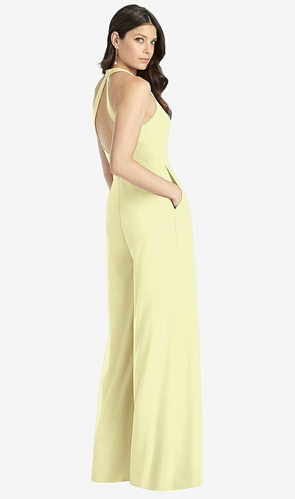 Back View - Butter Yellow V-Neck Backless Pleated Front Jumpsuit