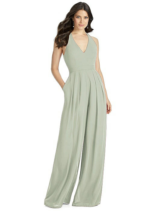 V-Neck Backless Pleated Front Jumpsuit