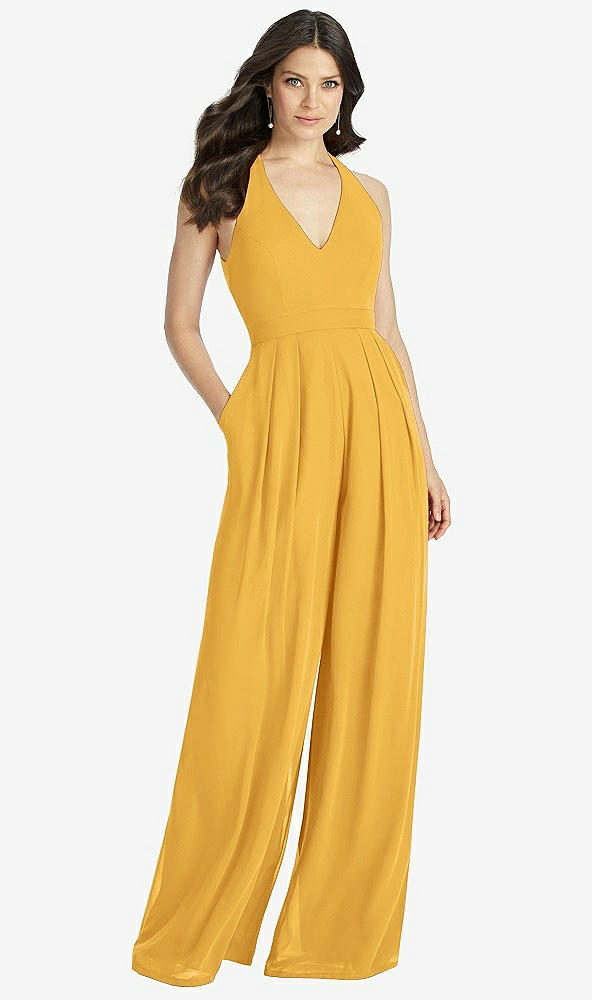 Front View - NYC Yellow V-Neck Backless Pleated Front Jumpsuit