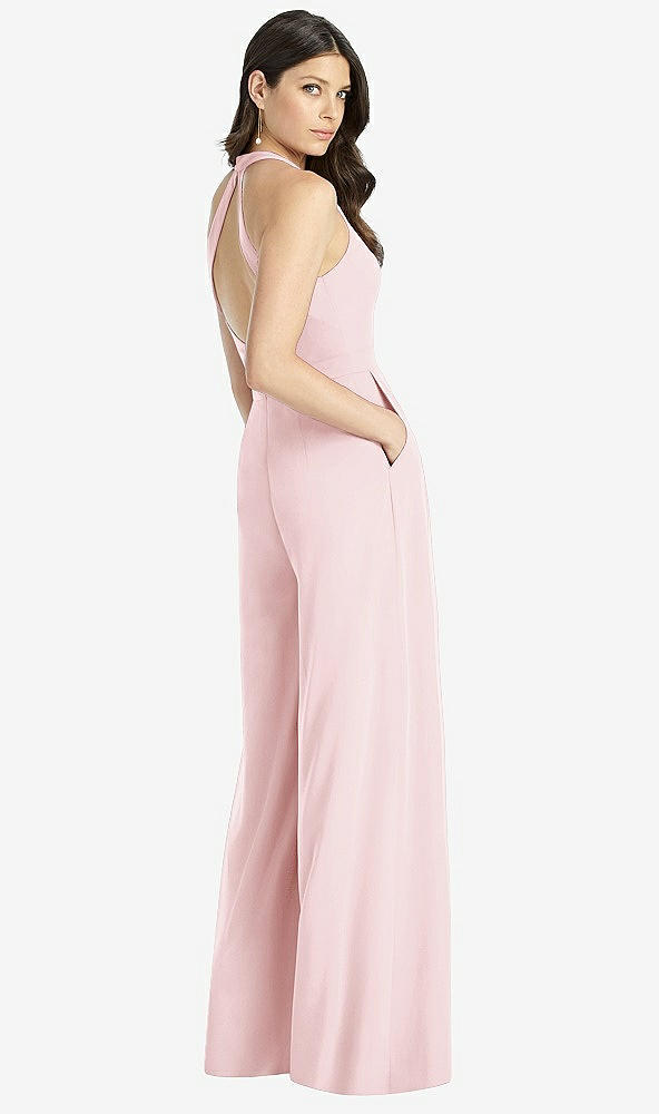 Back View - Ballet Pink V-Neck Backless Pleated Front Jumpsuit