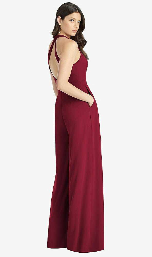 Back View - Burgundy V-Neck Backless Pleated Front Jumpsuit