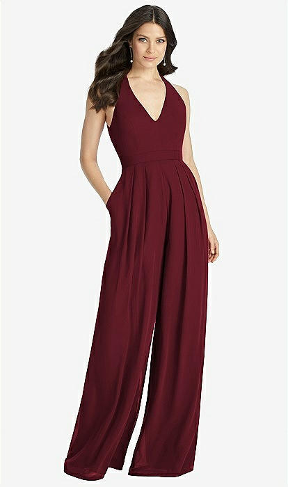 V neck Backless Pleated Front Jumpsuit In Cabernet The Dessy Group