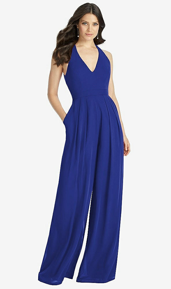 Front View - Cobalt Blue V-Neck Backless Pleated Front Jumpsuit