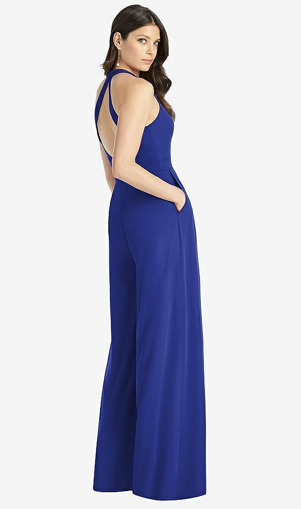 Back View - Cobalt Blue V-Neck Backless Pleated Front Jumpsuit