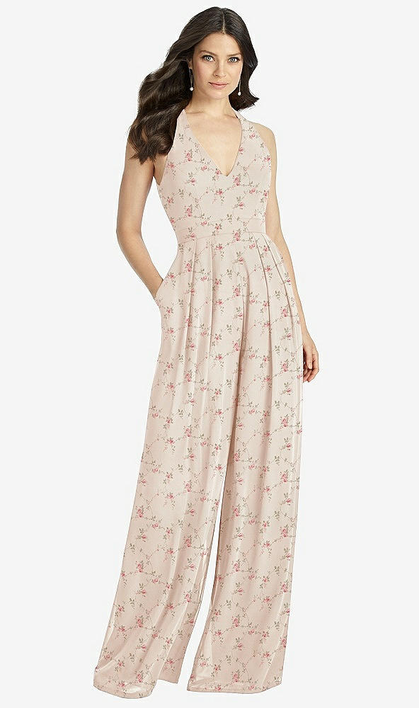 Front View - Coquette Floral Print V-Neck Backless Pleated Front Jumpsuit