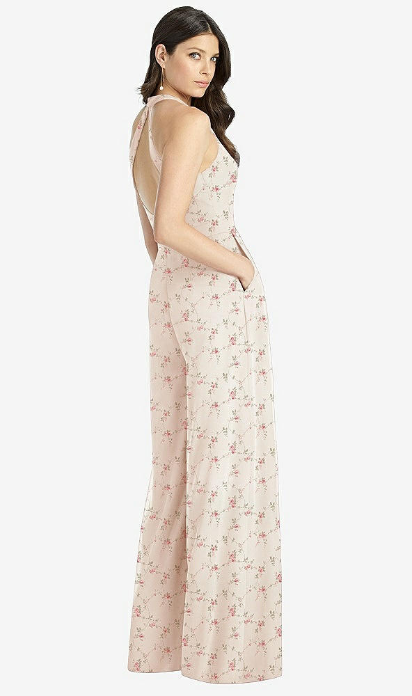 Back View - Coquette Floral Print V-Neck Backless Pleated Front Jumpsuit