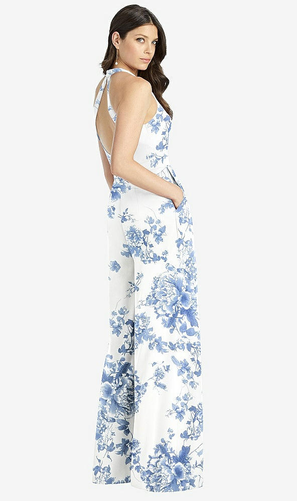 Back View - Cottage Rose Dusk Blue V-Neck Backless Pleated Front Jumpsuit