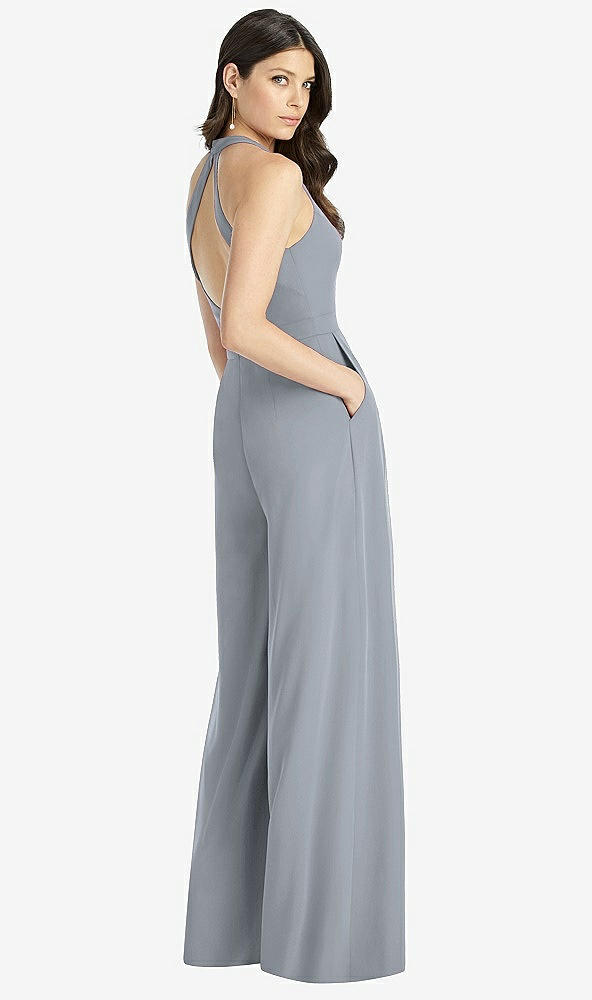 Back View - Platinum V-Neck Backless Pleated Front Jumpsuit