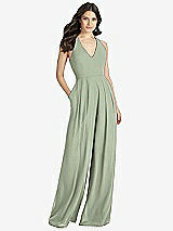 Front View Thumbnail - Sage V-Neck Backless Pleated Front Jumpsuit