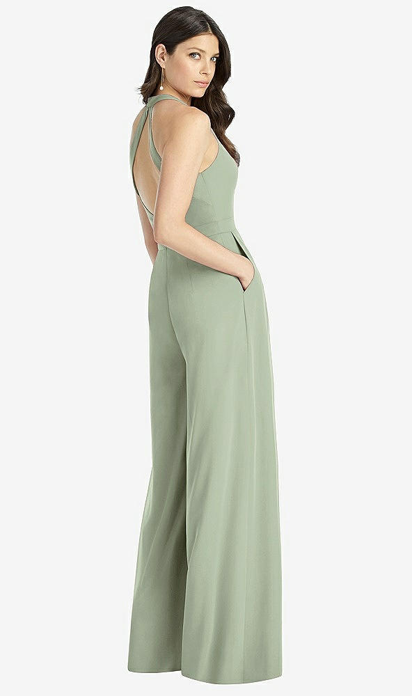 Back View - Sage V-Neck Backless Pleated Front Jumpsuit