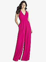 Front View Thumbnail - Think Pink V-Neck Backless Pleated Front Jumpsuit