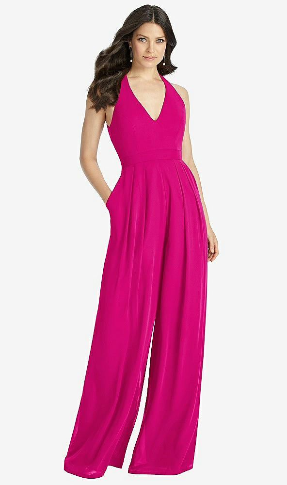 Front View - Think Pink V-Neck Backless Pleated Front Jumpsuit