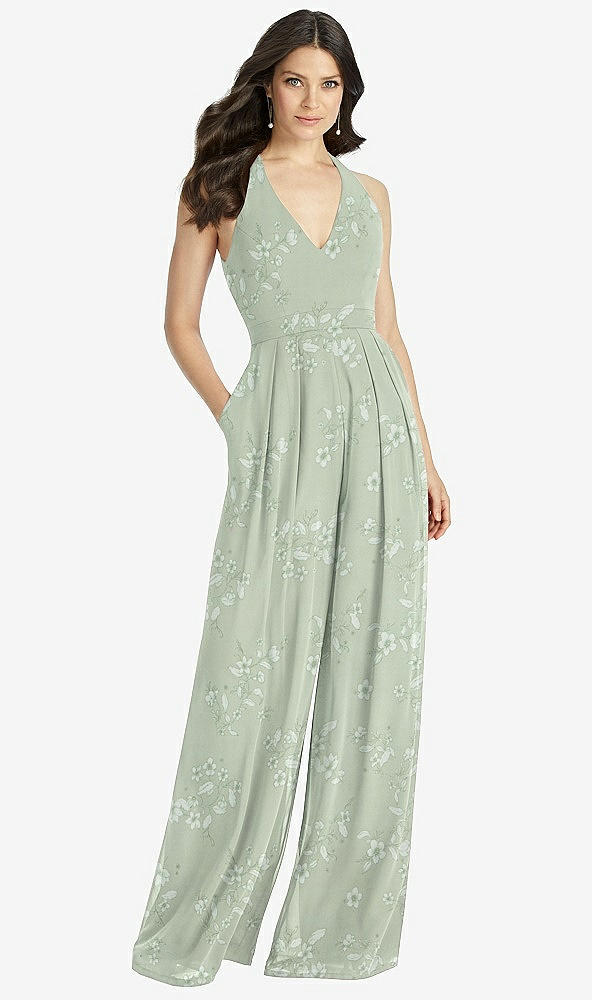 Front View - Vintage Primrose Sage V-Neck Backless Pleated Front Jumpsuit